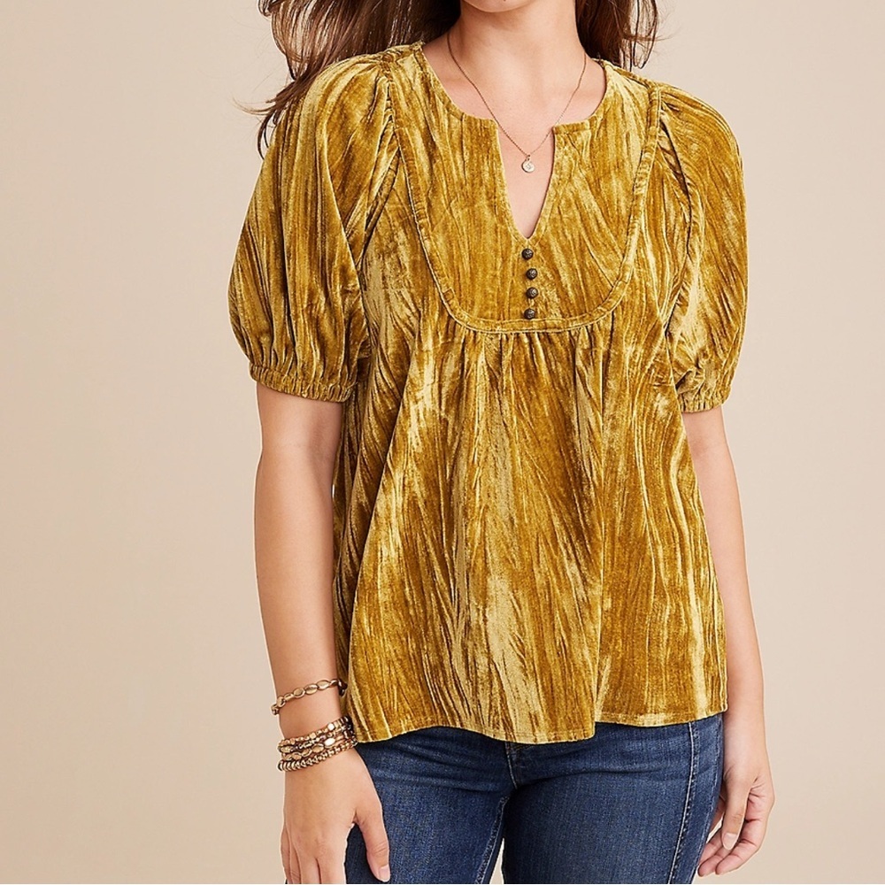 MAURICES Women's Medium Jewel tone Gold Crushed Velvet Peasant Style Blouse
